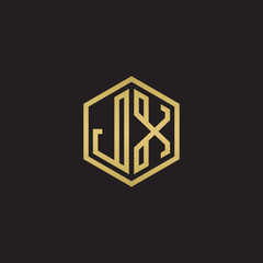 Initial letter JX, minimalist line art hexagon shape logo, gold color on black background