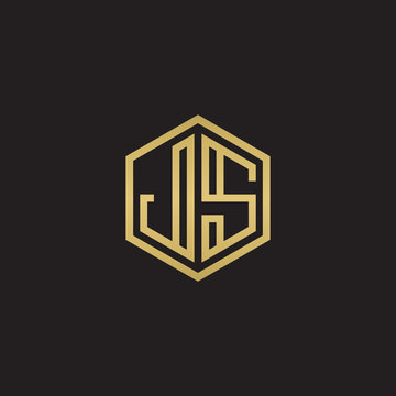 Initial letter JS, minimalist line art hexagon shape logo, gold color on black background