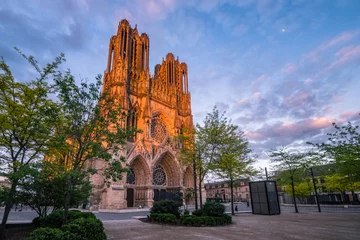 Papier Peint photo Monument historique Warmly illuminated Reims cathedral in sunset light, France