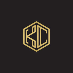 Initial letter KC, minimalist line art hexagon shape logo, gold color on black background