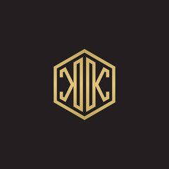 Initial letter KK mirror, minimalist line art hexagon shape logo, gold color on black background