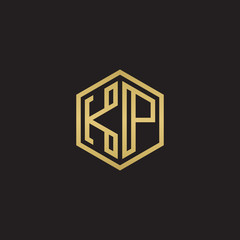 Initial letter KP, minimalist line art hexagon shape logo, gold color on black background