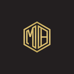 Initial letter MB, minimalist line art hexagon shape logo, gold color on black background