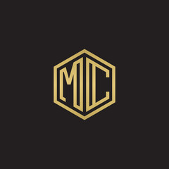 Initial letter MC, minimalist line art hexagon shape logo, gold color on black background