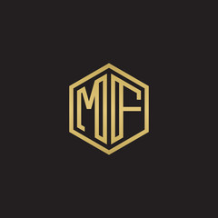 Initial letter MF, minimalist line art hexagon shape logo, gold color on black background