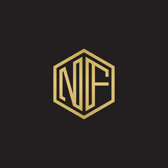 Initial letter NF, minimalist line art hexagon shape logo, gold color on black background