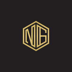 Initial letter NG, minimalist line art hexagon shape logo, gold color on black background