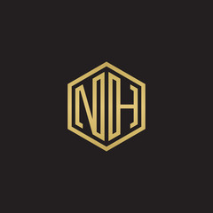 Initial letter NH, minimalist line art hexagon shape logo, gold color on black background