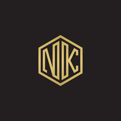Initial letter NK, minimalist line art hexagon shape logo, gold color on black background