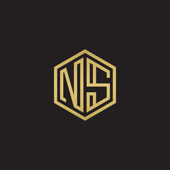 Initial letter NS, minimalist line art hexagon shape logo, gold color on black background