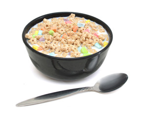 marshmallow kids cereal in bowl on white background