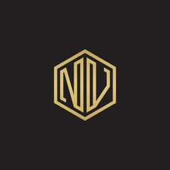 Initial letter NV, minimalist line art hexagon shape logo, gold color on black background