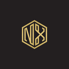 Initial letter NX, minimalist line art hexagon shape logo, gold color on black background