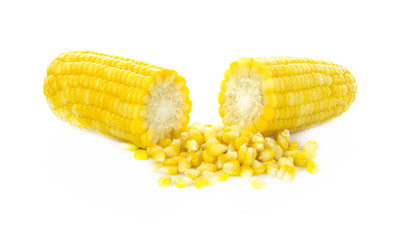 Sweet whole kernel corn and ears of corn on white background.