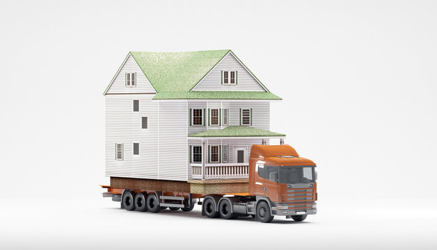 A flatbed articulated lorry loaded with a house isolated on a white background. Both are models. Good image for moving home themes.