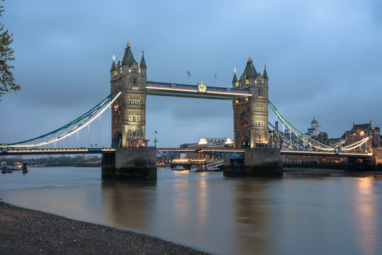 Tower Bridge in London at dusk