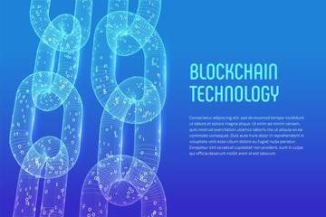 Block chain. Crypto currency. Blockchain concept. 3D wireframe chain with digital code. Editable cryptocurrency template. Stock vector illustration.