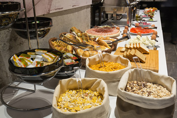 Cereals in the sack on buffet table, hotel breakfast