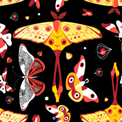 Seamless bright colorful pattern with different butterflies