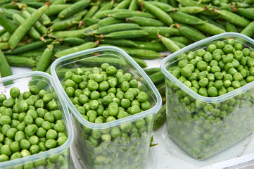 Peas for sale at the market, matte style.