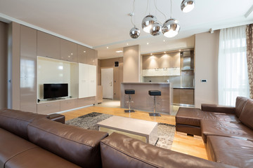 Interior of a modern open plan hotel apartment, living room