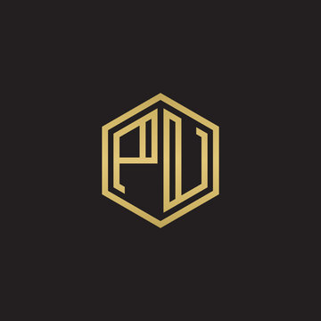 recommend clip art: Initial letter PU, minimalist line art hexagon shape logo, gold color on black background