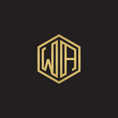 Initial letter WA, minimalist line art hexagon shape logo, gold color on black background