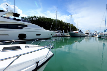 Luxury Yachts float on crystal clear sea in Marina Bay Club