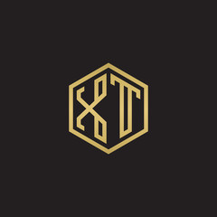 Initial letter XT, minimalist line art hexagon shape logo, gold color on black background