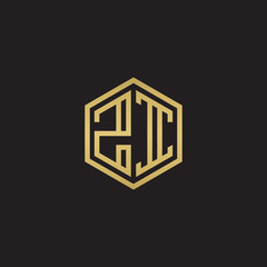 Initial letter ZI, minimalist line art hexagon shape logo, gold color on black background