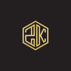 Initial letter ZK, minimalist line art hexagon shape logo, gold color on black background