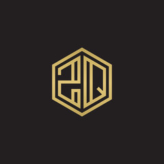 Initial letter ZQ, minimalist line art hexagon shape logo, gold color on black background