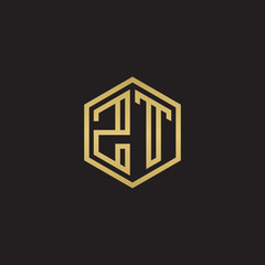 Initial letter ZT, minimalist line art hexagon shape logo, gold color on black background