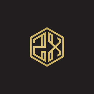Initial letter ZX, minimalist line art hexagon shape logo, gold color on black background