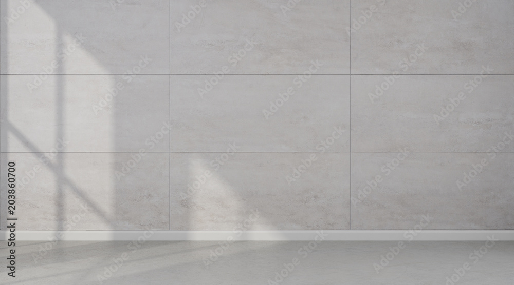 Poster 3d rendering of white room interior and concrete floor with sun light cast the shadow on the travert