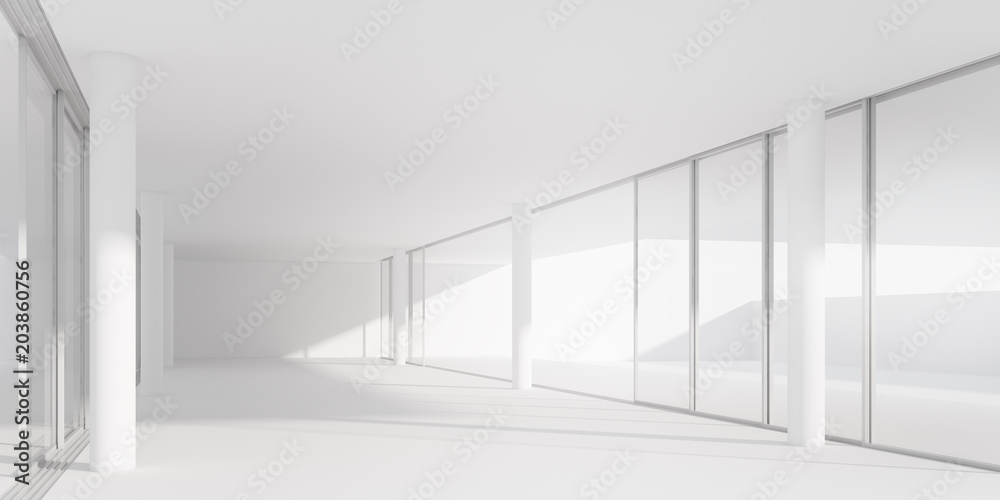 Poster 3d stimulate of white room interior space and concrete floor with sun light cast rhythm of shadow on