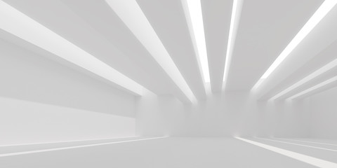 3D stimulate of white interior space with sun light cast the roof shadow on the wall and floor,Perspective of minimal design architecture,3d rendering	