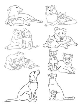 Cat And Dog Line Art. Vector, Illustration. Good Use For Symbol, Logo, Web Icon, Mascot, Sign, Coloring Book, Or Any Design You Want.