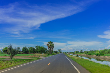 The scenery in the evening of beautiful road to Kanchanaburi, Th