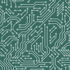 Printed circuit board green and white computer technology seamless pattern, vector