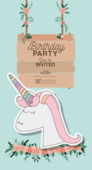 invited birthday party card with unicorn vector illustration design