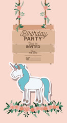 invited birthday party card with unicorn vector illustration design