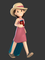 3d render of an adult female with a luggage and passport