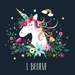 Unicorn card design with hand drawn elements © lilett