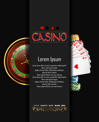 Casino banner with roulette wheel, chips and playing cards