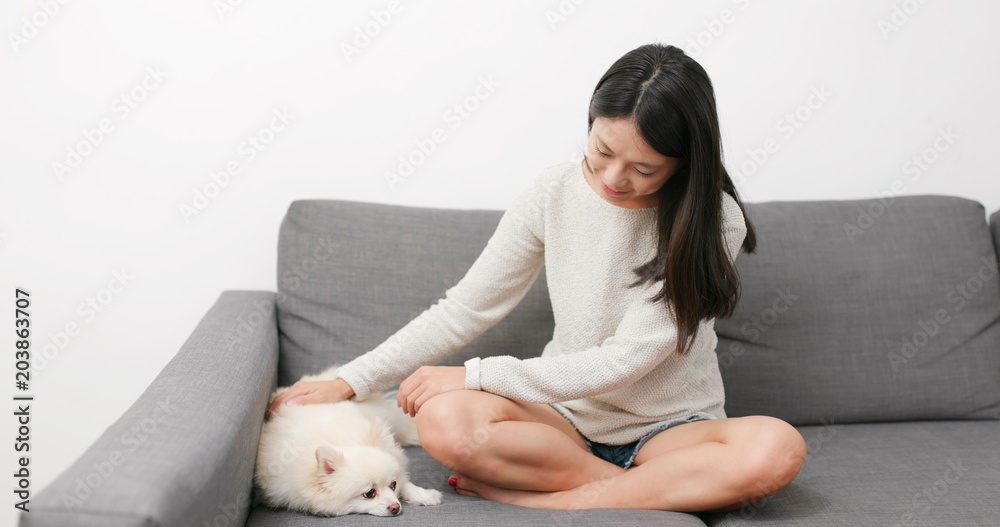 Sticker Woman touching on her dog at home