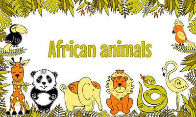 Jungle, Exotic tropical animals and plants frame, card template Africa. Space for text