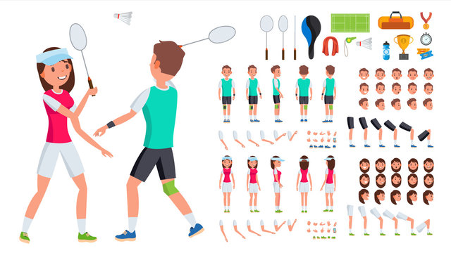 Badminton Player Male, Female Vector. Animated Character Creation Set. Man, Woman Full Length, Front, Side, Back View. Badminton Accessories. Poses, Emotions, Gestures. Flat Cartoon Illustration