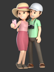 3d render of a couple taking a selfie on a vacation;