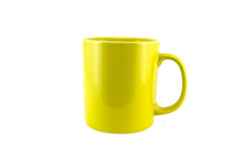 Yellow mug empty blank for coffee or tea isolated on white background